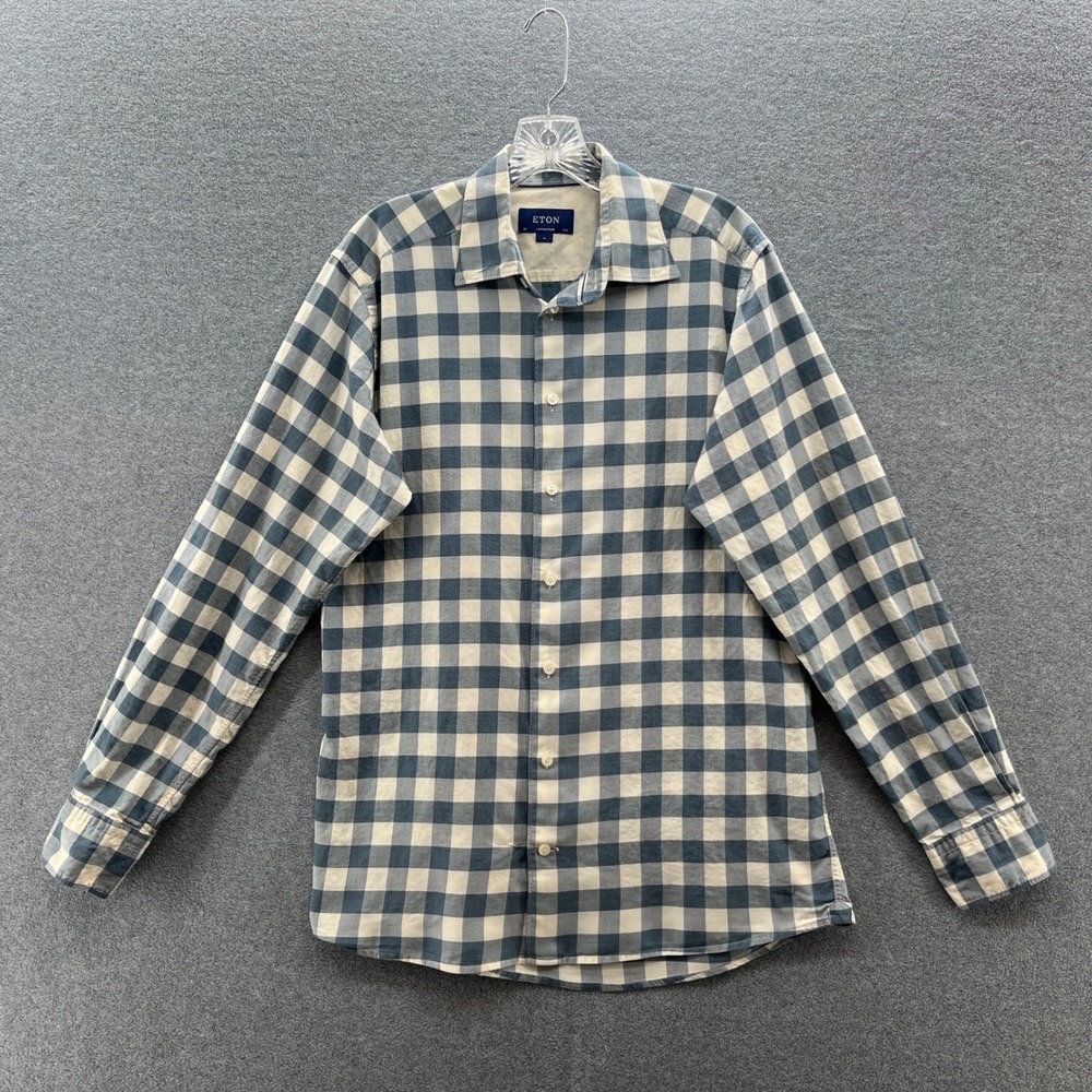 Eton Shirt Mens Medium 15.75 40 Blue Gingham Check Cotton Silk Twill Button Up